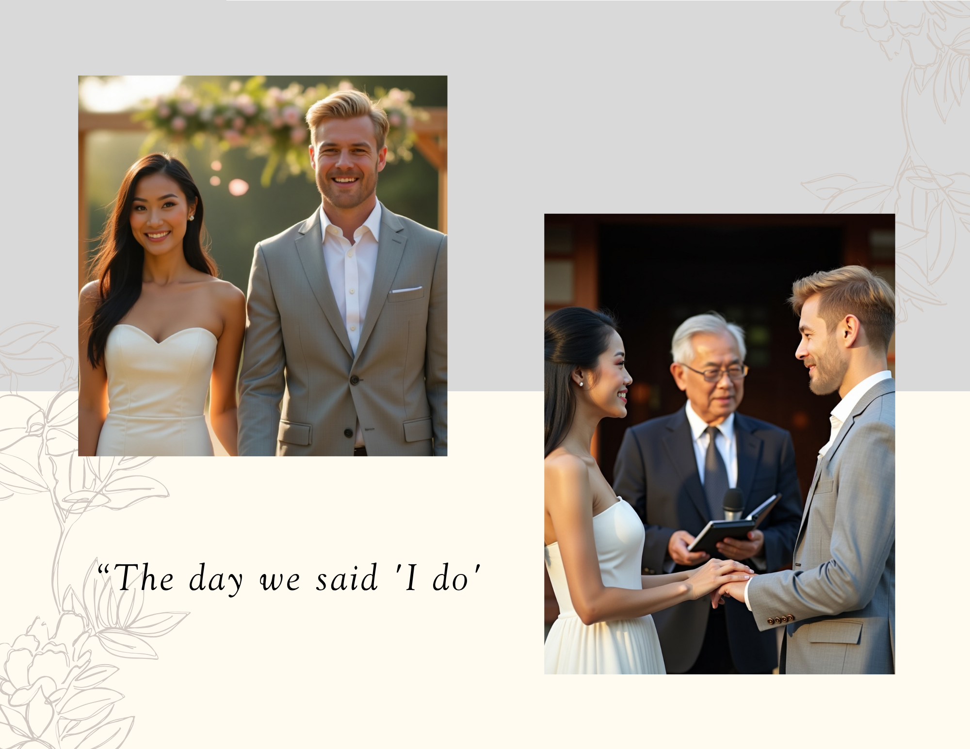 A collage of two wedding photos showing a couple during their ceremony, with one photo of the couple standing outdoors and another of them exchanging vows indoors, with an officiant present, along with the quote "The day we said 'I do'" and floral de