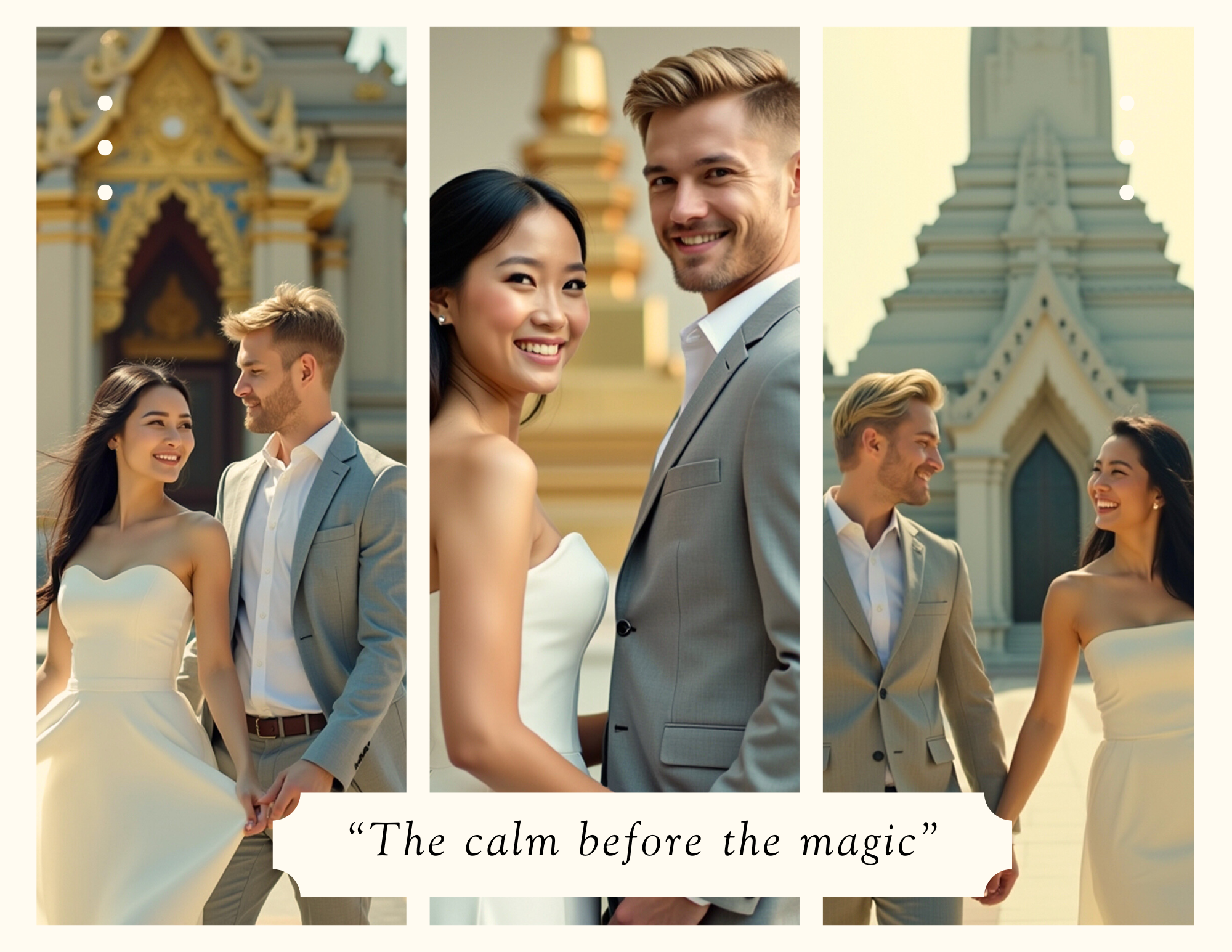 A couple dressed in wedding attire, walking and smiling with a historic temple in the background. The woman is in a strapless wedding dress, and the man is in a light gray suit. The image is split into three sections with the middle being a close-up 