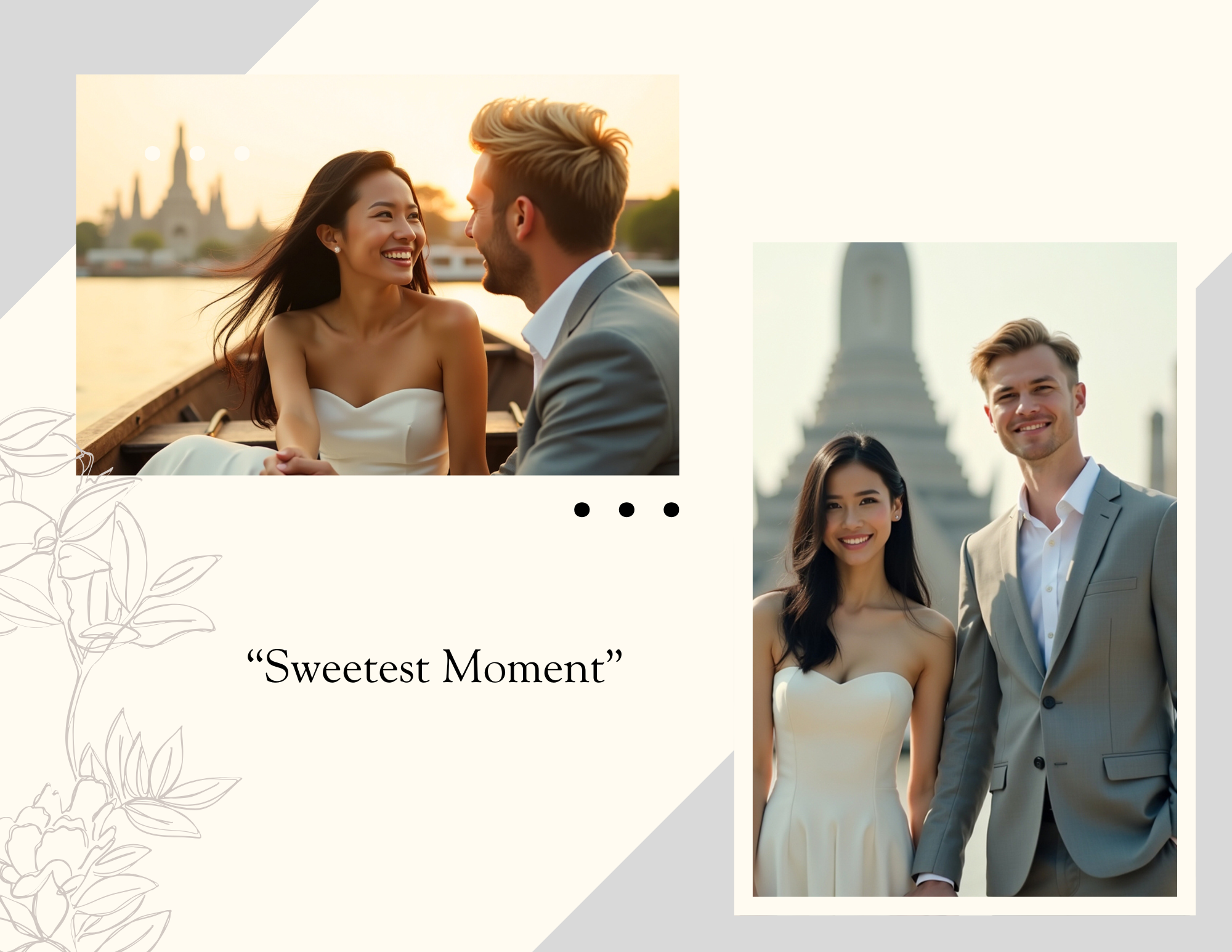 A collage featuring two photos of a smiling couple, a woman in a white dress and a man in a gray suit, on a trip to Thailand. The first photo shows them on a boat at sunset with a temple in the background, and the second photo shows them standing in 