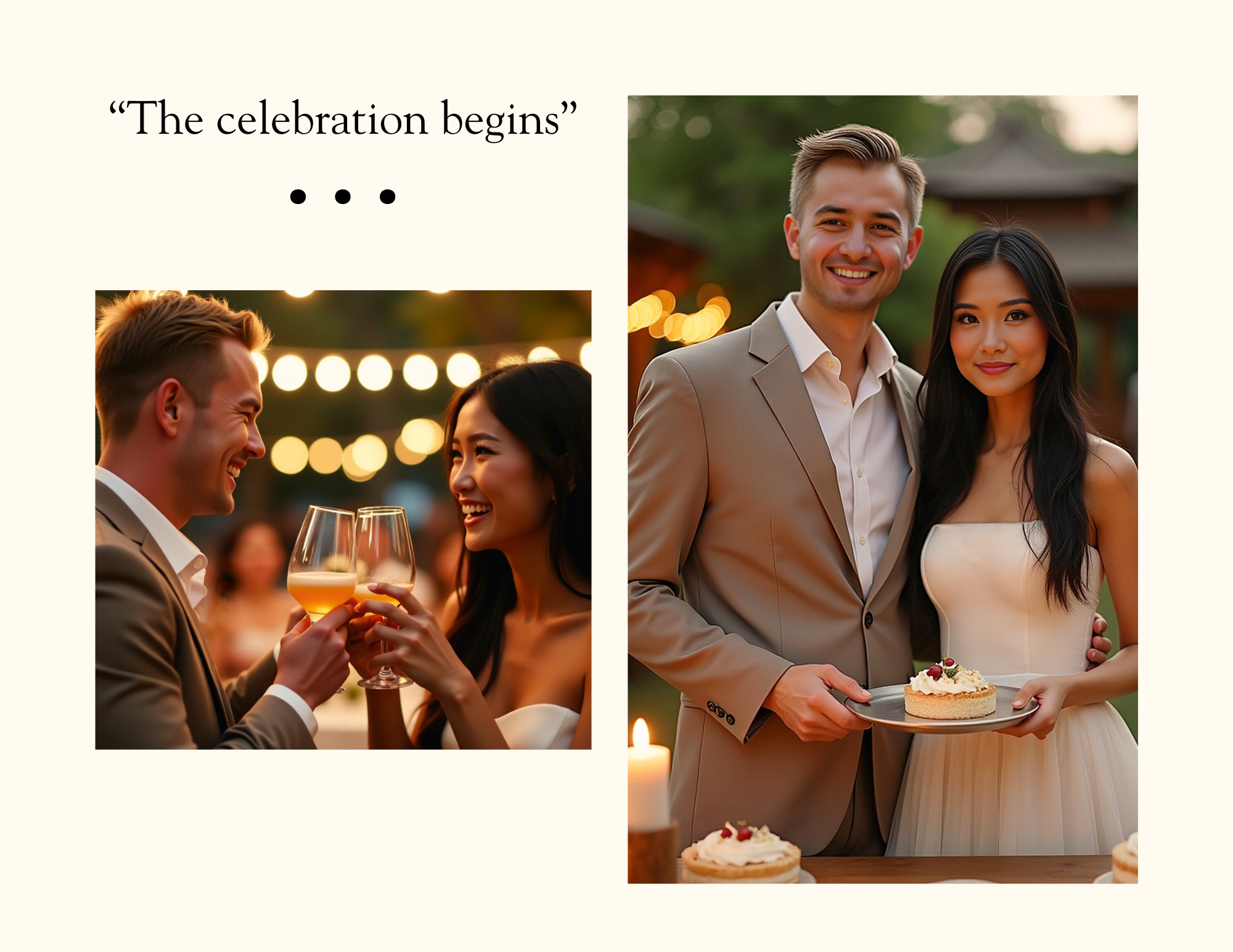 Collage of two images from a celebration event: Left image shows a young man and woman smiling and clinking glasses of wine under string lights at an outdoor party. Right image features a young man and woman in formal attire, standing close together 