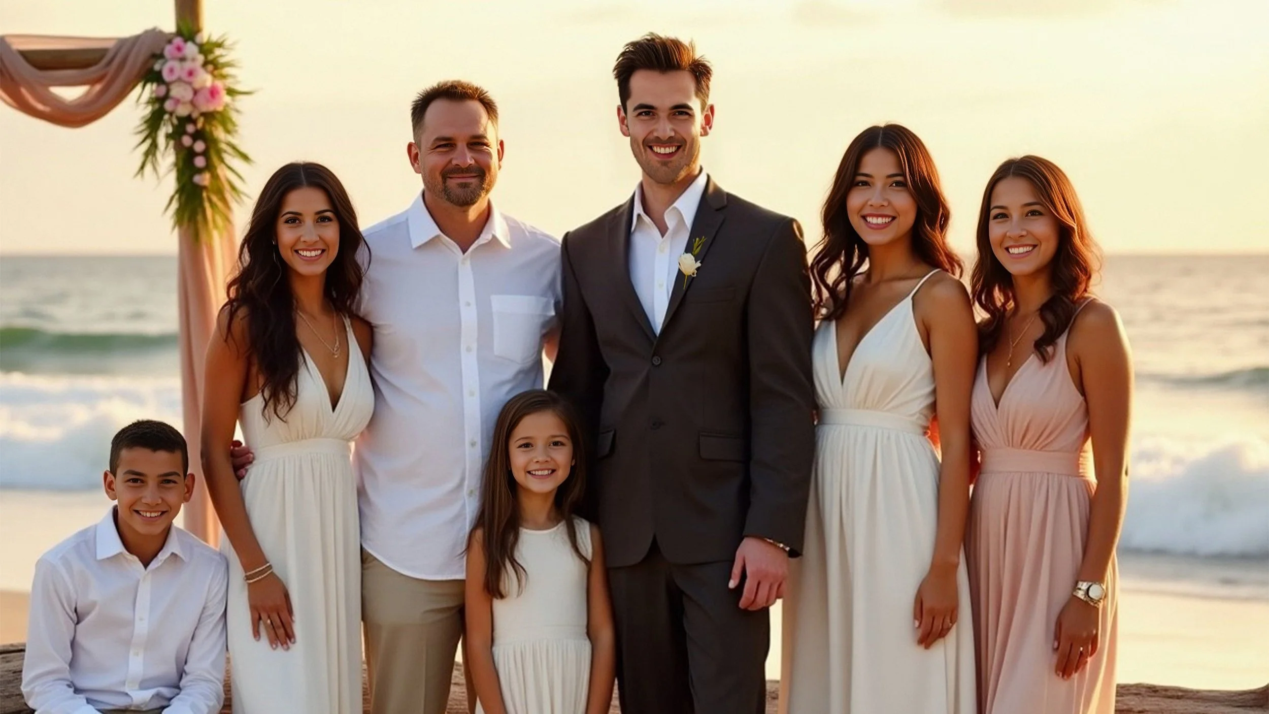 A group of seven people at the beach during sunset, dressed in wedding or formal attire, smiling and standing in front of the ocean with a floral decoration on the left.
