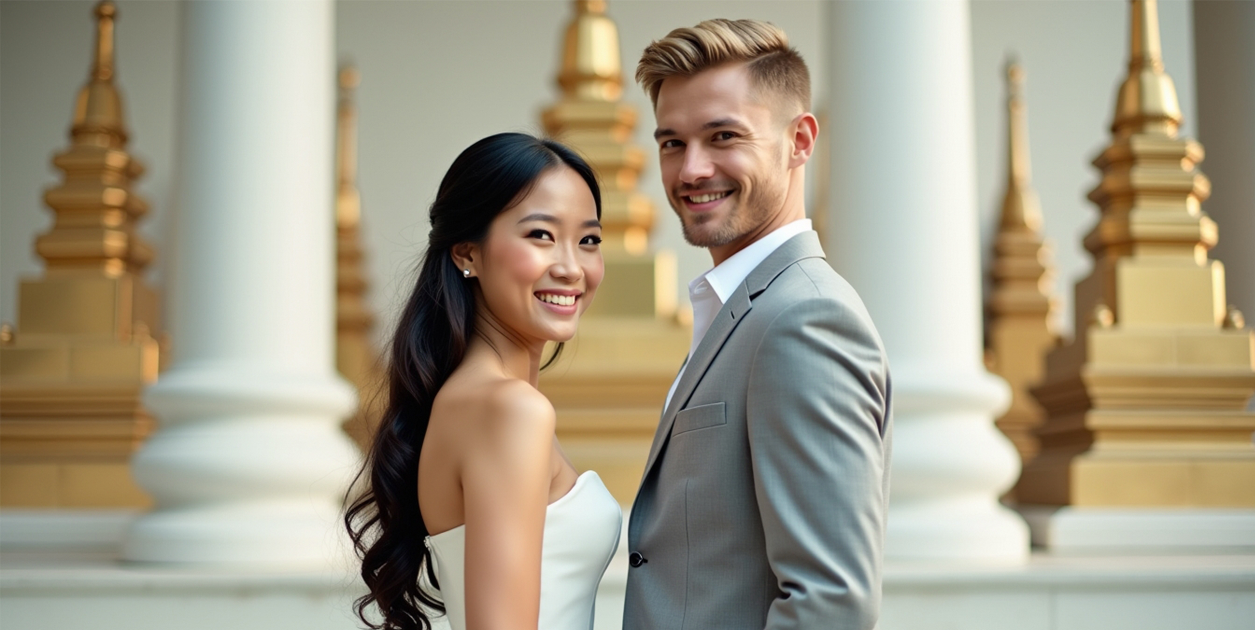 A smiling woman in a white strapless dress and a smiling man in a gray suit stand close together outside a building with large white columns and gold accents.