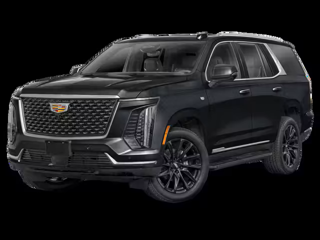 Black Cadillac SUV with front grille, side mirrors, and tinted windows