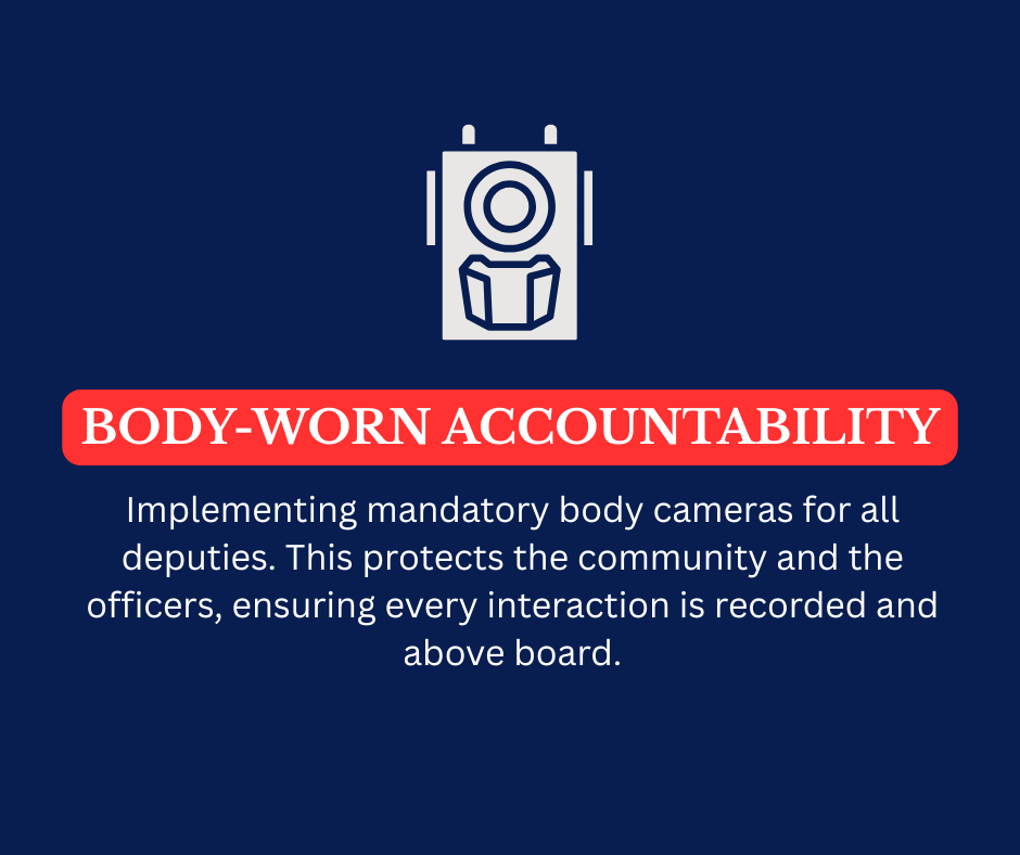 Graphic promoting body-worn cameras for deputies to ensure accountability and community protection.
