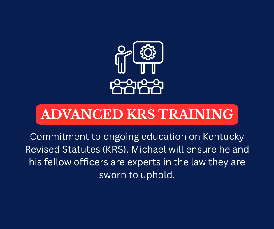 Graphic promoting advanced Kentucky Revised Statutes (KRS) training with an icon of a person presenting to an audience and text emphasizing commitment to legal education.