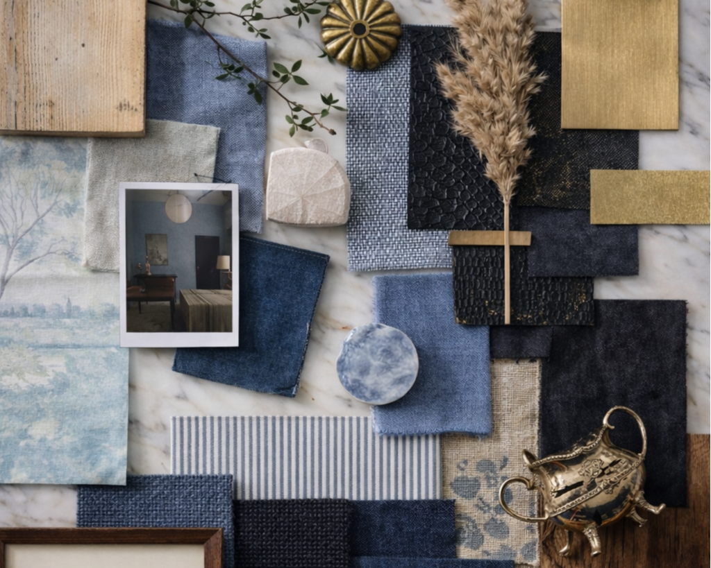 Collection of fabric swatches in shades of blue, gray, and gold, along with decorative objects such as a vintage teapot, a framed photo of a room interior, dried pampas grass, and small accessories, arranged on a marble and wood surface.