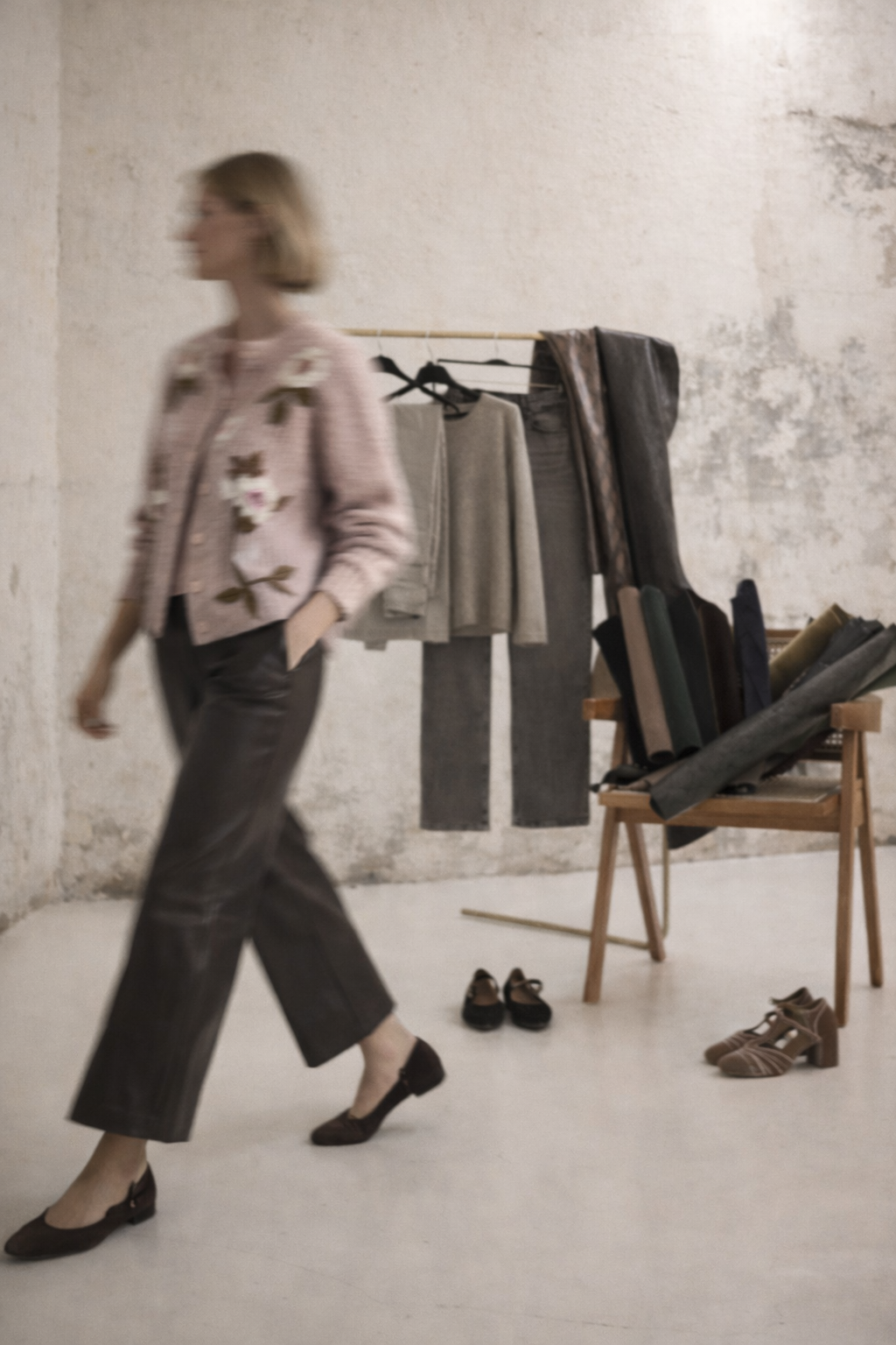 A woman walking past a clothing rack with hanging and folded clothes in a boutique or studio with a white brick wall background.