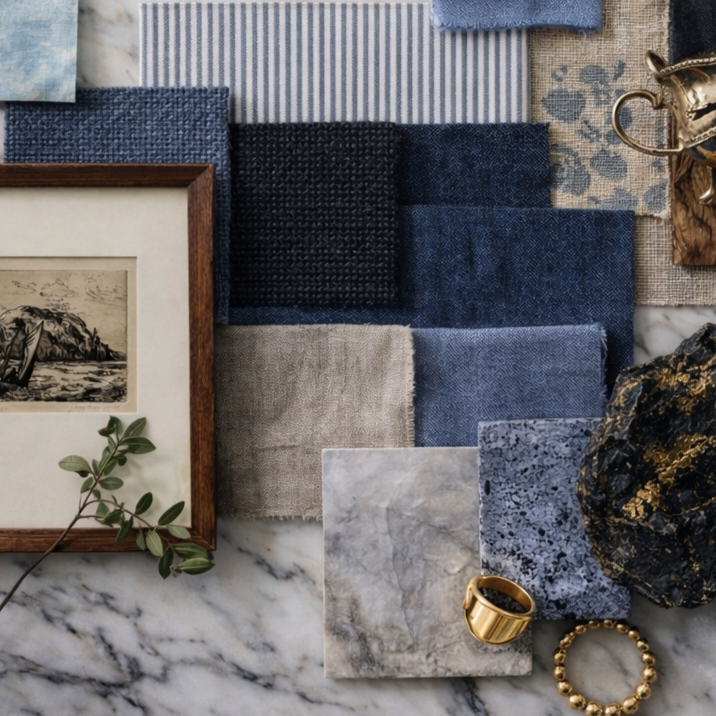 An arrangement of blue, gray, and beige fabric swatches, a framed black-and-white artwork, a brass ring and bracelet, and a black-and-gold decorative object on a marble surface.