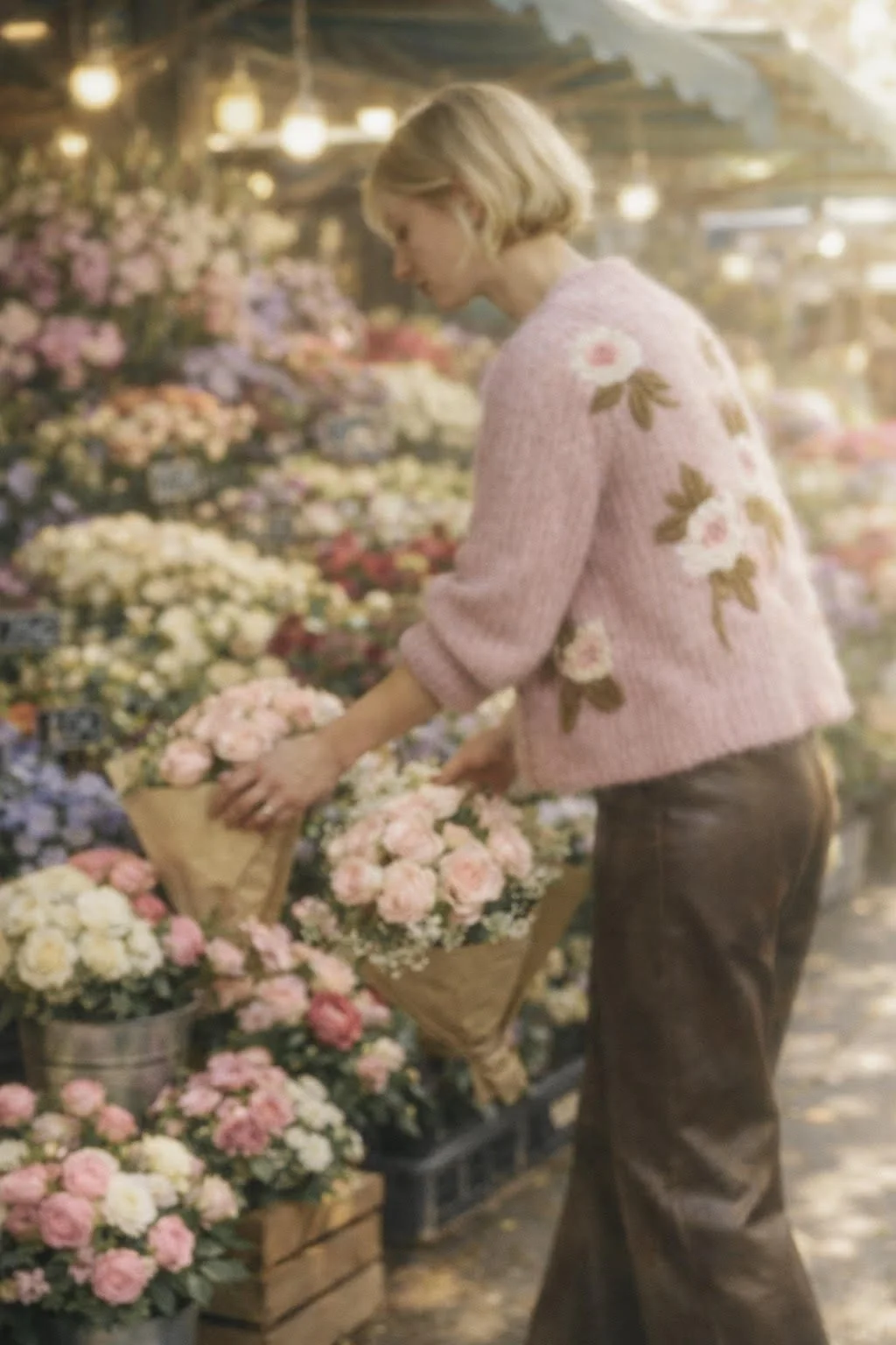 A woman shopping for flowers at a flower market, wearing a pink sweater with floral embroidery, surrounded by various colorful flowers.