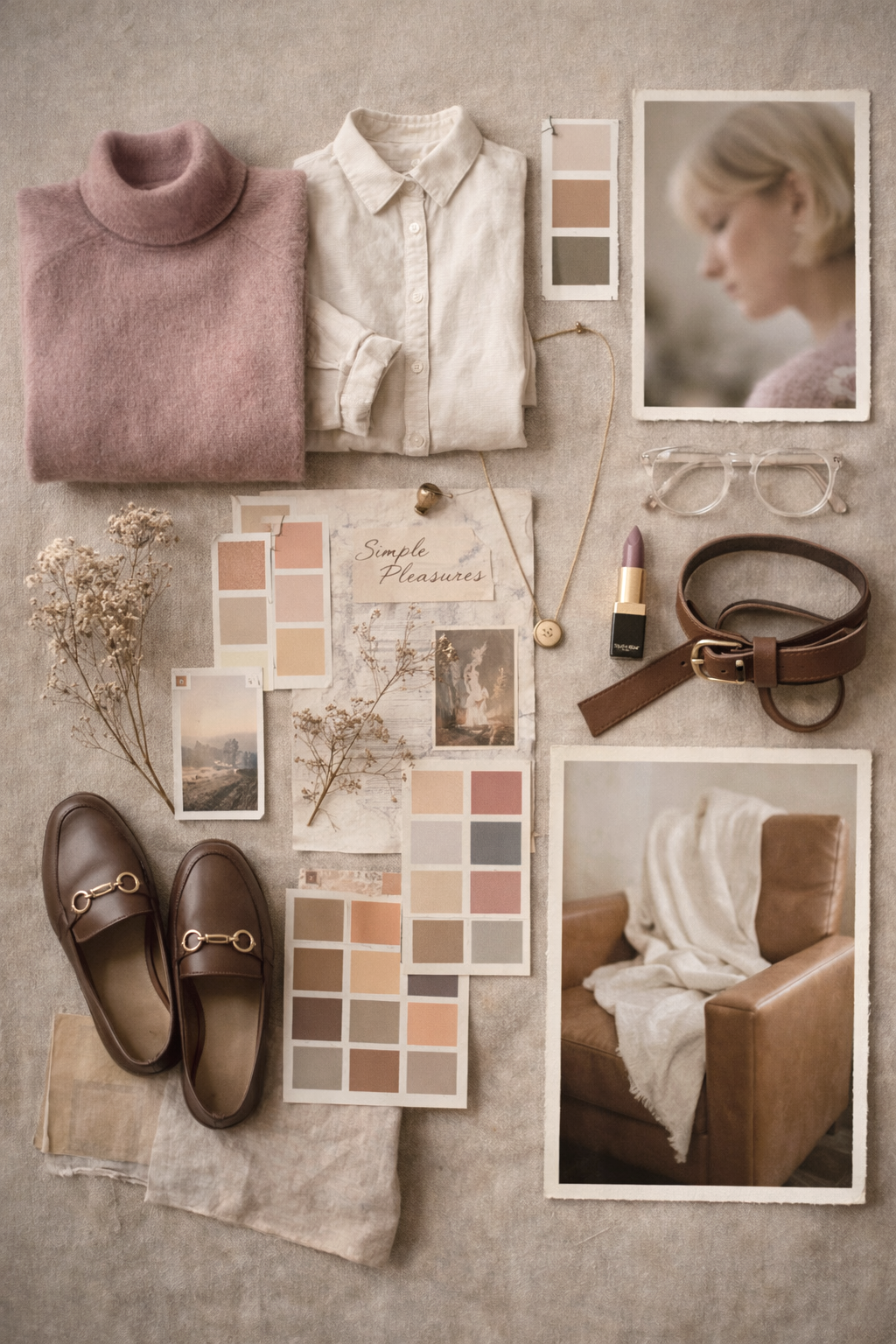 A flat lay of fashion and home decor items, including a folded pink turtleneck sweater, a white button-up shirt, a pair of brown loafers, a brown leather belt, a gold necklace with a button pendant, a lipstick, clear glasses, a printed art piece labeled 'Simple Pleasures,' photo samples of landscapes, and pictures of interior decor with a chair and blanket.