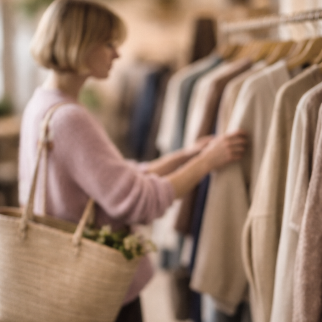 A woman shopping for clothing in a store, looking at beige and neutral-colored coats on a rack.