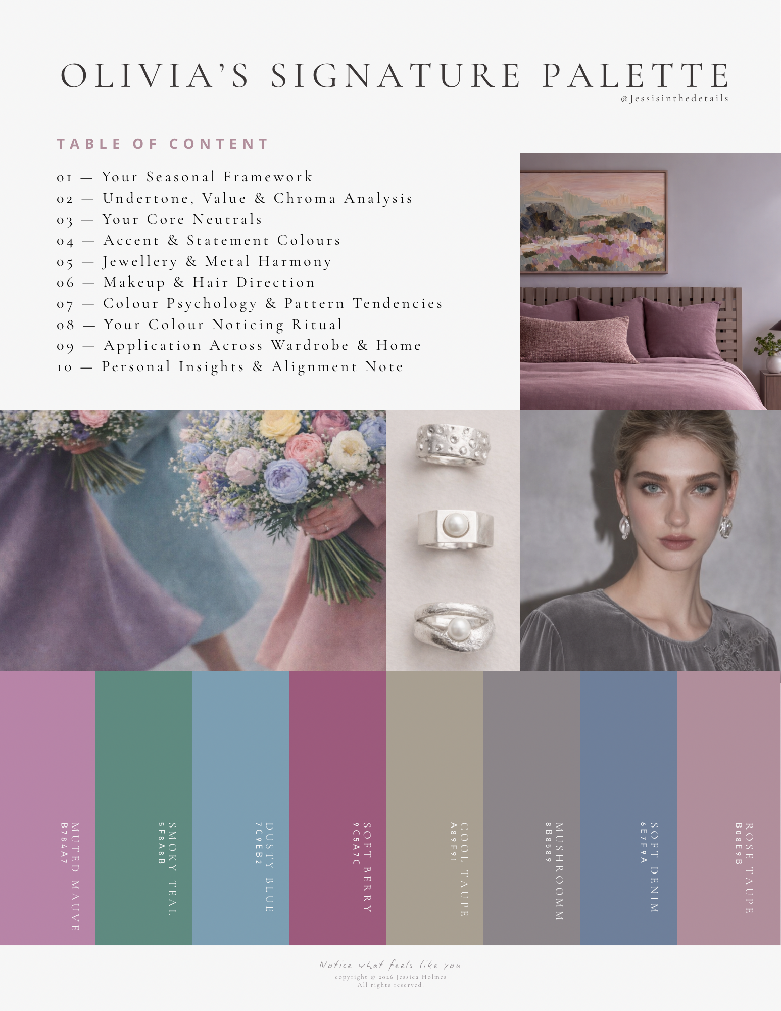 Olivia's Signature Palette color guide with swatches, jewelry, fashion, interior decor, and floral images, accompanied by a table of contents for a personal style and color analysis guide.