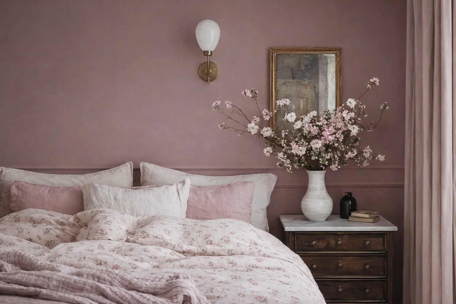 A bedroom with pink walls, a bed with pink and white floral bedding and pillows, a wooden nightstand with a marble top, a white vase filled with pink cherry blossoms, a small black container, and a stack of books, with a framed artwork and a wall-mounted light fixture in the background.