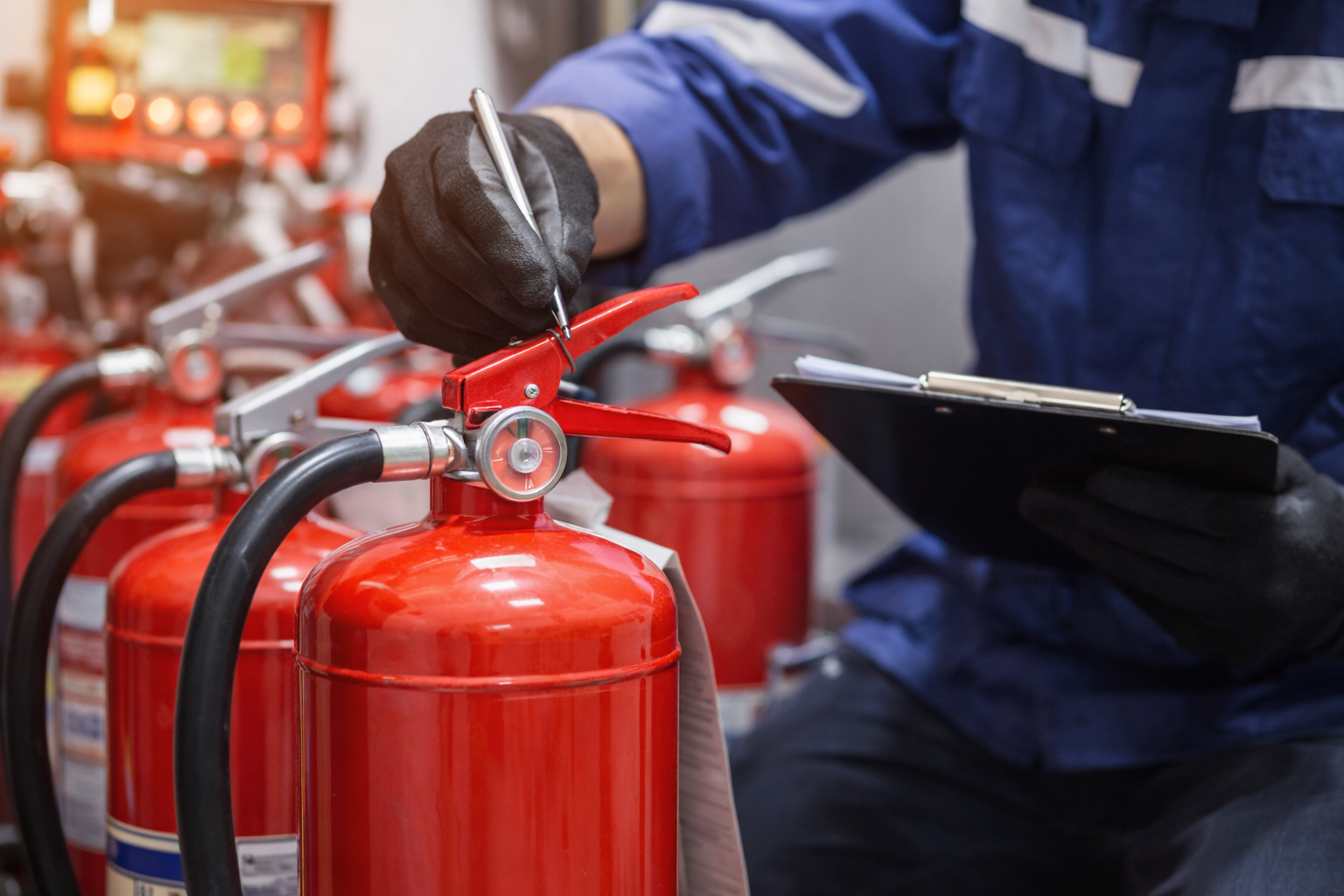 A person in a blue uniform and black gloves is inspecting or servicing a row of red fire extinguishers, writing on a clipboard with a pen.