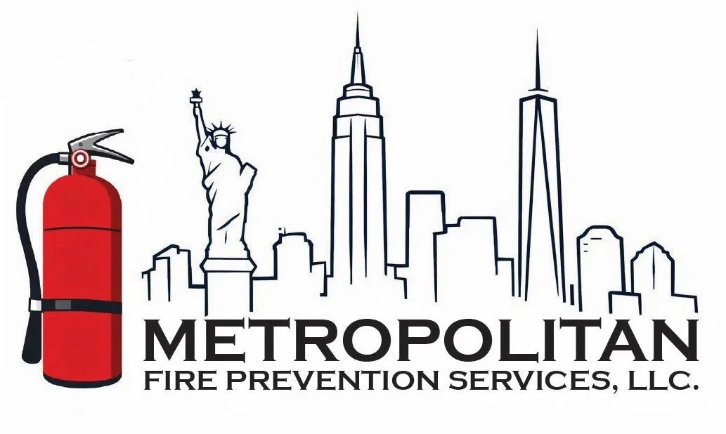 Logo for Metropolitan Fire Prevention Services, LLC featuring a city skyline with the Statue of Liberty, Empire State Building, and One World Trade Center, and a fire extinguisher on the left.