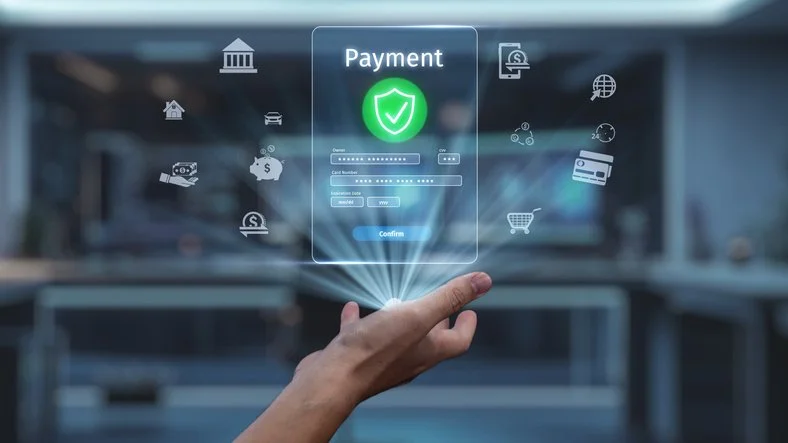 A person holding a holographic payment confirmation screen with icons of banking, shopping, and money transfer around it.