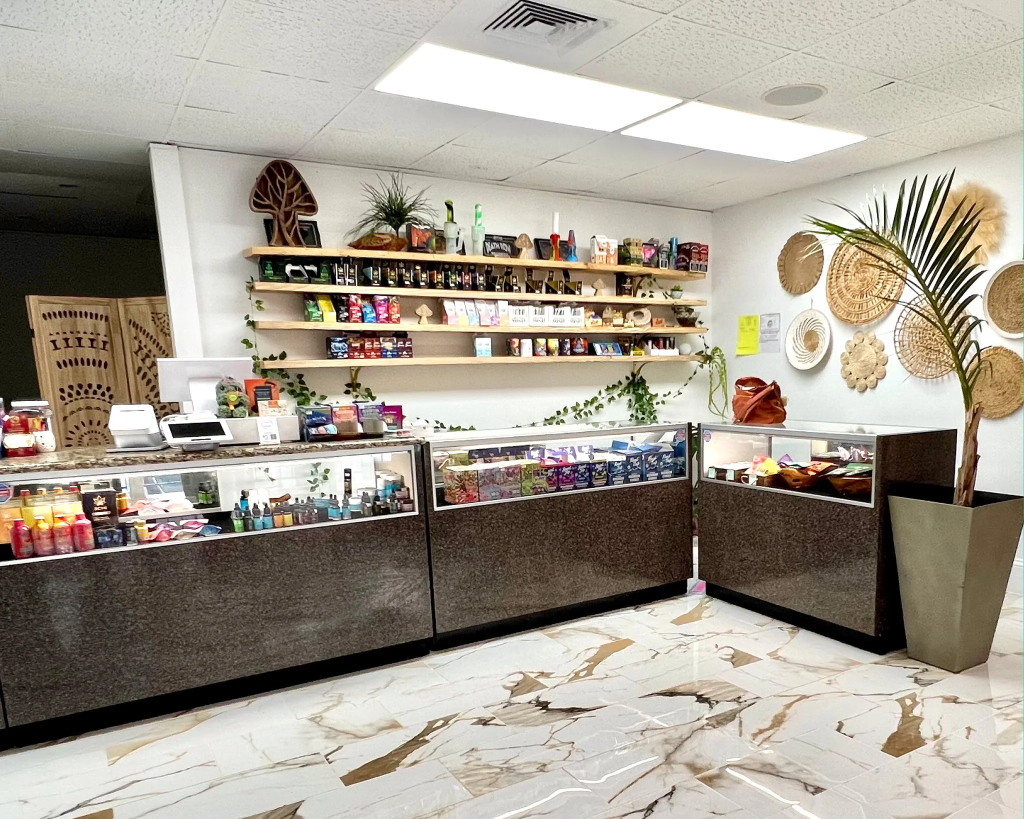Interior of a retail store with display cases containing various products, wooden shelves with snacks and decorative items, and a potted plant. There are woven baskets and wall decor on the white wall.