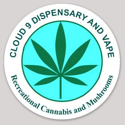 Logo featuring a cannabis leaf with text indicating Cloud 9 Dispensary and Vape, Recreational Cannabis and Mushrooms.