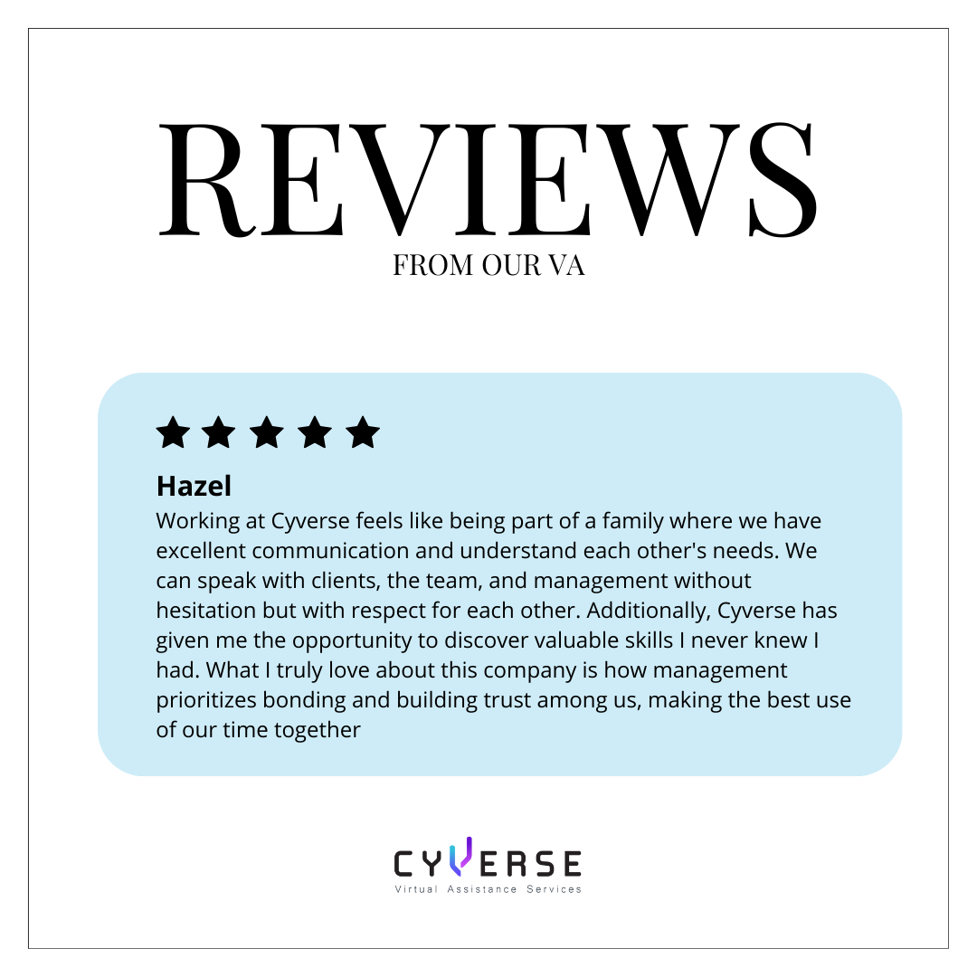 A review page from Cyverse, a virtual assistance service, featuring a five-star review from Hazel praising the company's communication, teamwork, management, and trust-building.