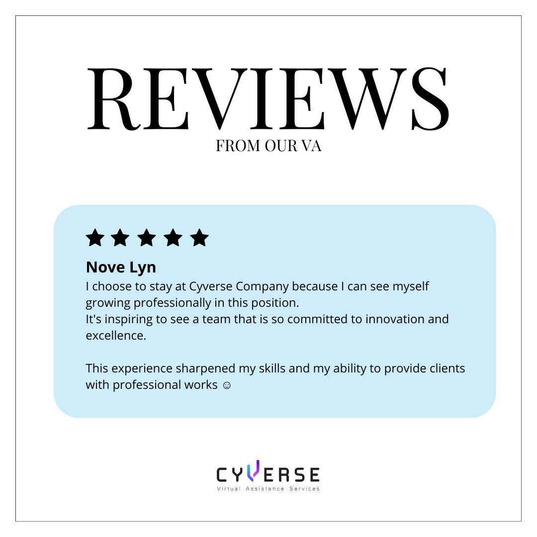 Customer review for Cyverse Virtual Assistance Services, featuring a five-star rating and a positive testimonial from Nove Lyn praising professional growth and team dedication.