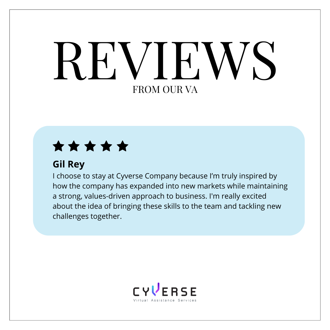 Review from VA section of Cyverse Company, featuring a five-star rating, a review from Gil Rey about the company's expansion and values-driven approach, and Cyverse's logo at the bottom.