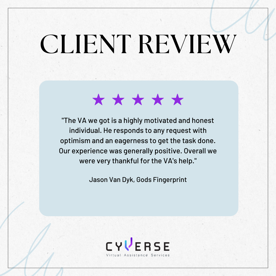 Client review with a 5-star rating, positive feedback about a virtual assistant service, and a logo for CYVERSE Virtual Assistance Services.