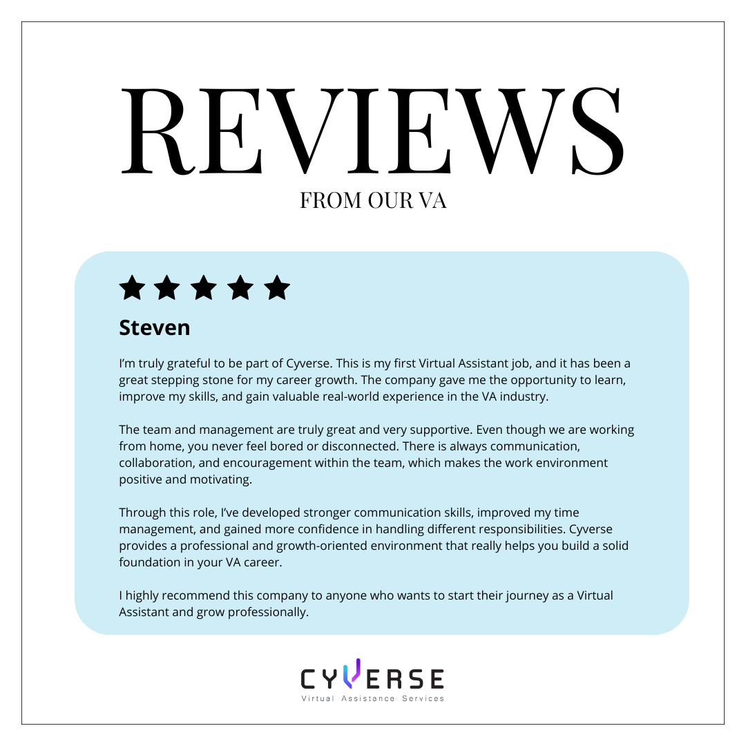 A review section on a webpage with five stars, a five-star review from Steven in blue text, and the Cyverse logo at the bottom.