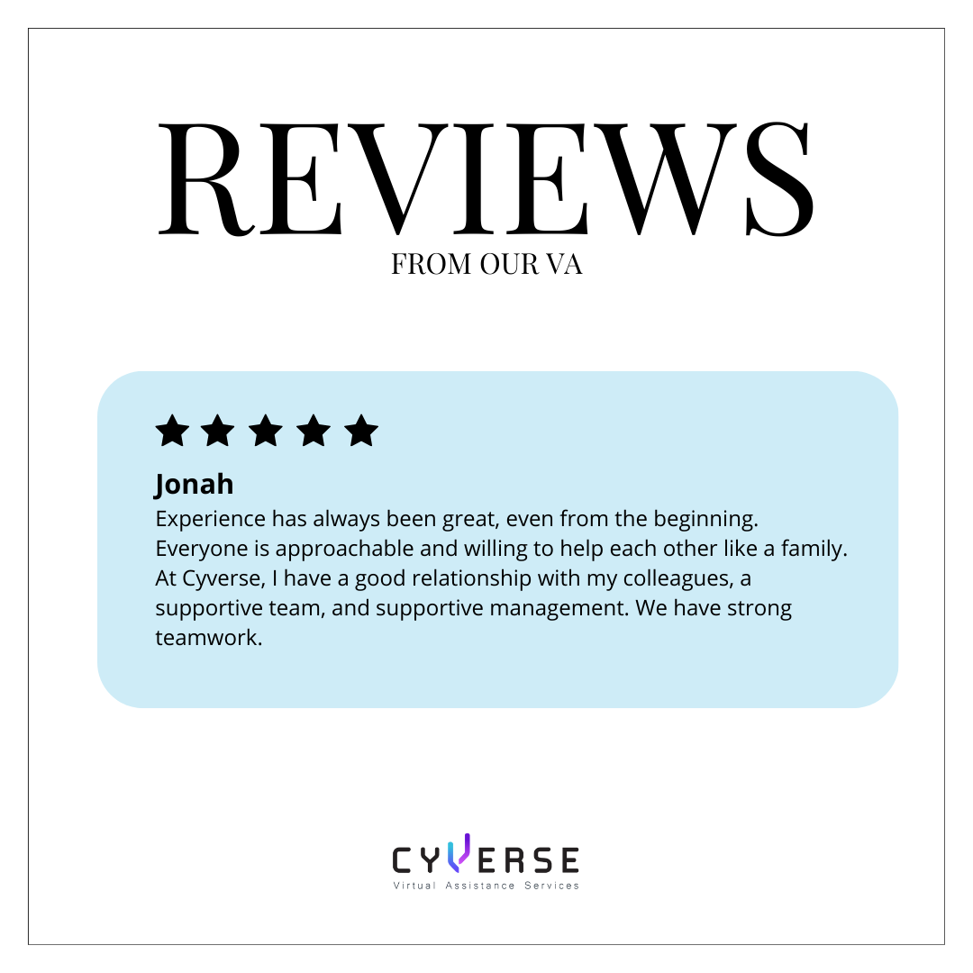 Customer review with a 5-star rating, featuring a positive testimonial for Cyberse Virtual Assistance Services from a reviewer named Jonah.