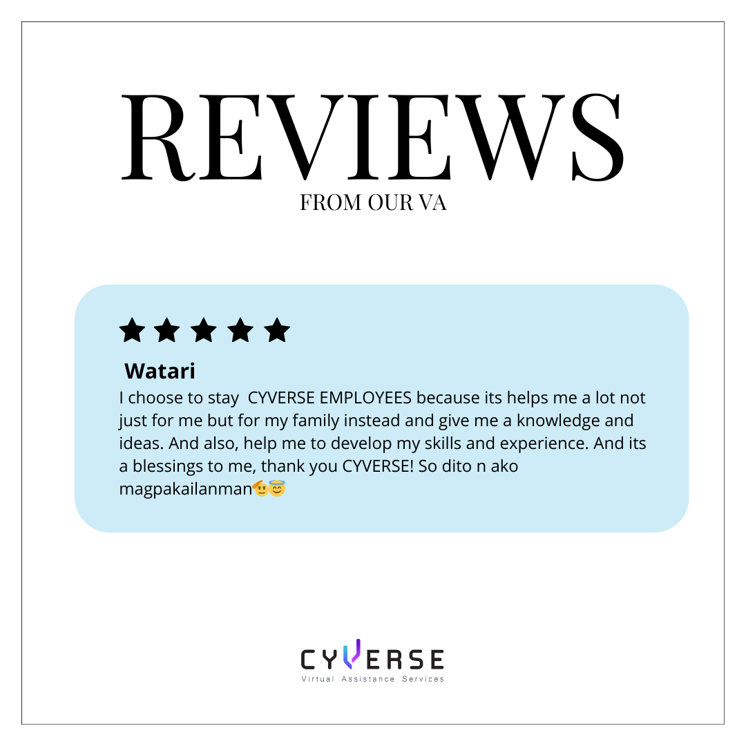 A customer review for CYVERSE on a webpage with a white and light blue background, displaying a 5-star rating, a testimonial, and the CYVERSE logo at the bottom.