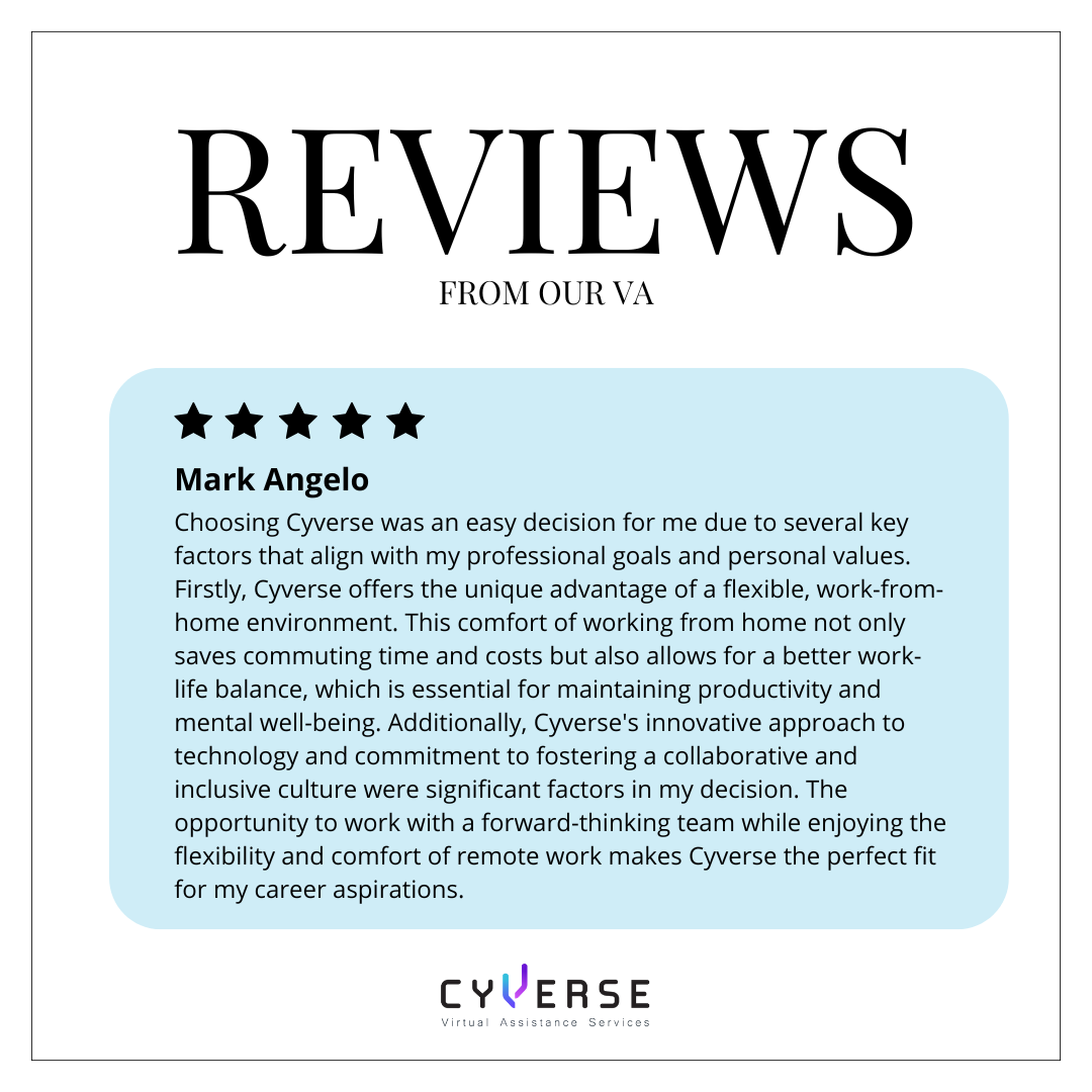 A digital review page from Cyverse, a virtual assistance service. It features a five-star rating and a detailed positive review from a user named Mark Angelo, praising the company's remote work environment, work-life balance, and innovative approach,