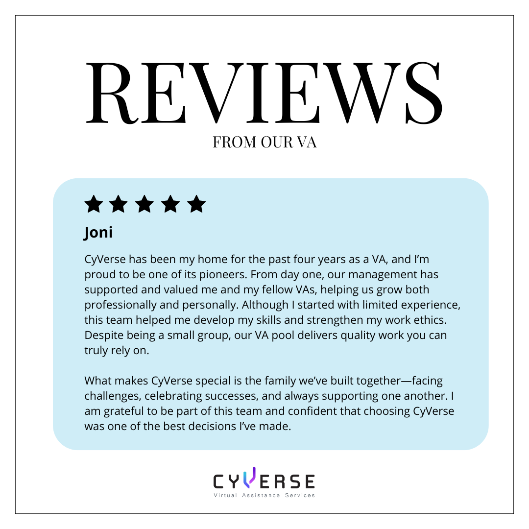 Customer review for CyVerse, a virtual assistance service, featuring a five-star rating and a positive testimonial from Joni about her experience working with the VA team and the company's supportive environment.