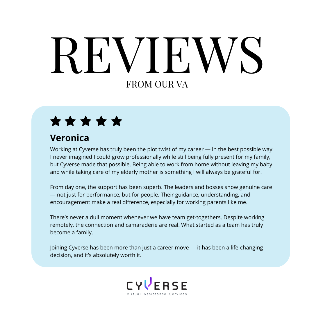 Review card from VYERSE with a 5-star rating, expressing positive feedback from a user named Veronica about working remotely for Cyverse, highlighting the support, leadership, team connection, and life-changing experience.
