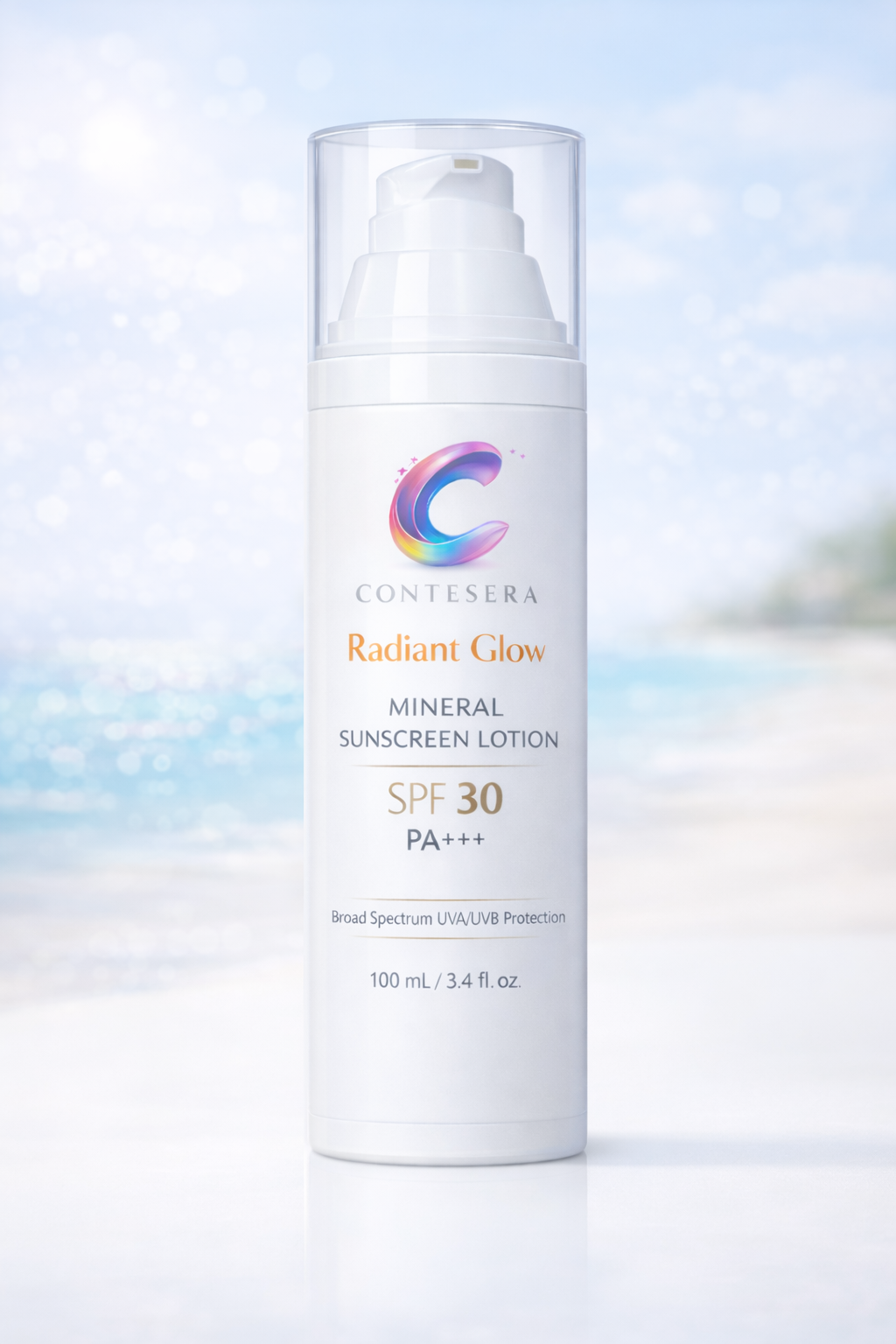 A white bottle of Contesera Radiant Glow Mineral Sunscreen Lotion with SPF 30 and broad spectrum UVA/UVB protection, standing outdoors with a beach and sky background.