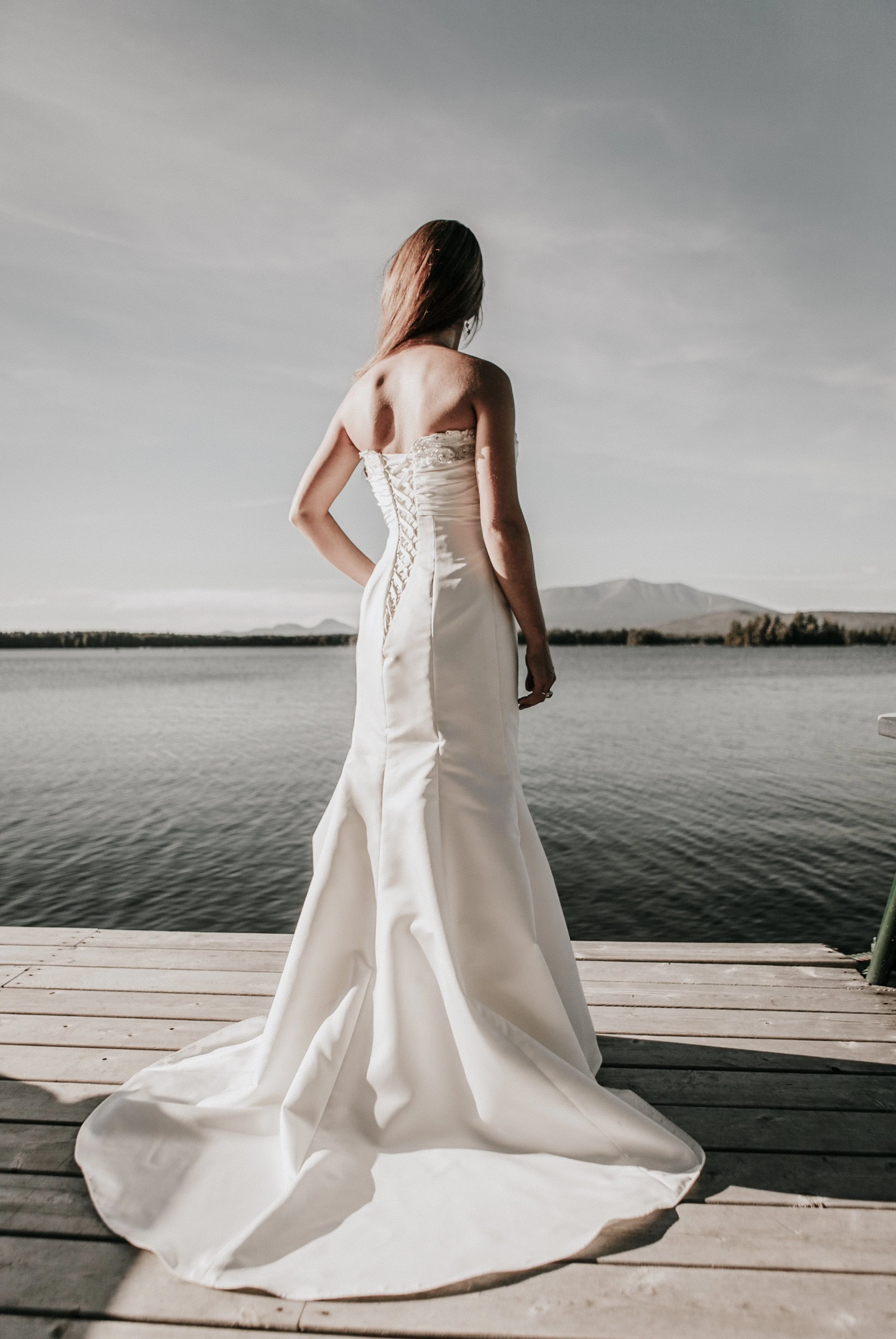 Bride on dock at New England Outdoor Center, Millinocket, Maine