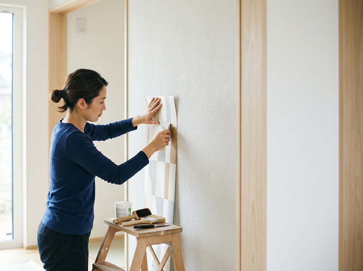 Proceso de preparación y alisado de pared con tirol para instalar papel tapiz de diseño en residencia.