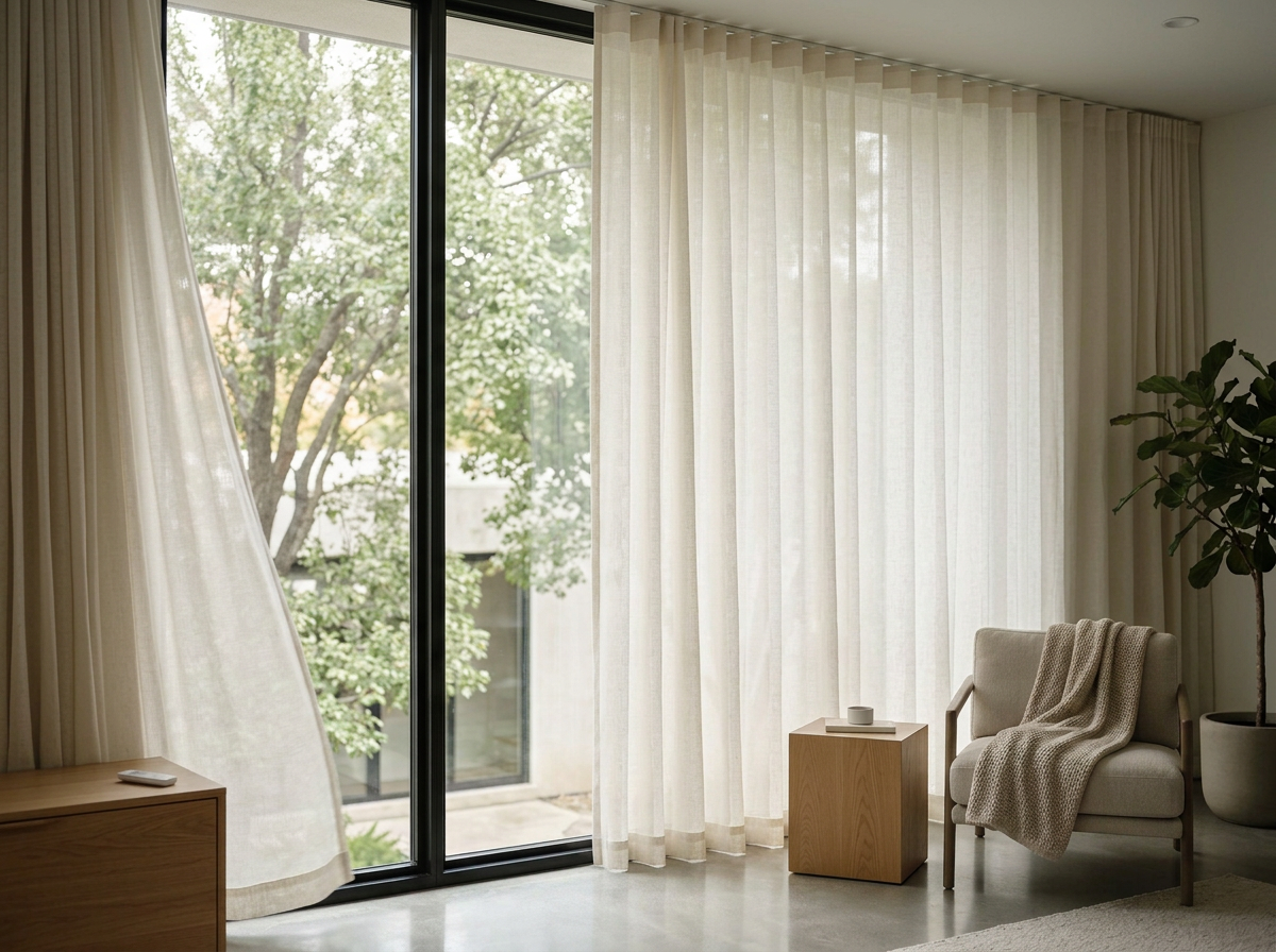 Cortinas motorizadas de onda perfecta instaladas en ventanal de doble altura en residencia premium de Querétaro.