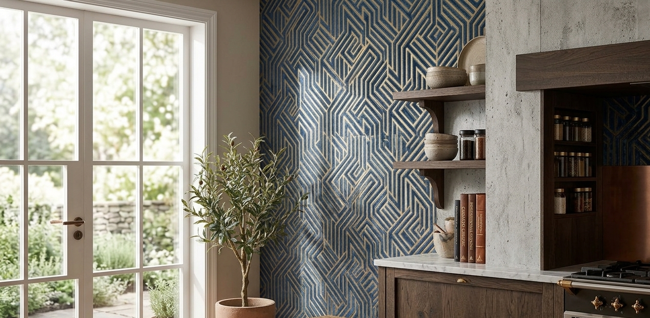 Interiores de una cocina con puertas de cristal, pared decorativa azul con patrón geométrico, estantes de madera con vajilla, libros y especias, y una planta en maceta de terracota.
