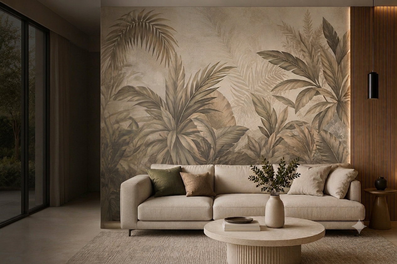 Sala de estar decorada con pared de mural de hojas en tonos neutros, sofá beige con cojines verdes, mesa de centro con jarrón con ramas y libros, y pared de madera con lámpara negra