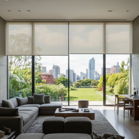 Persiana Screen al 5% de apertura: excelente claridad visual hacia afuera manteniendo un filtrado solar eficiente en interiores.