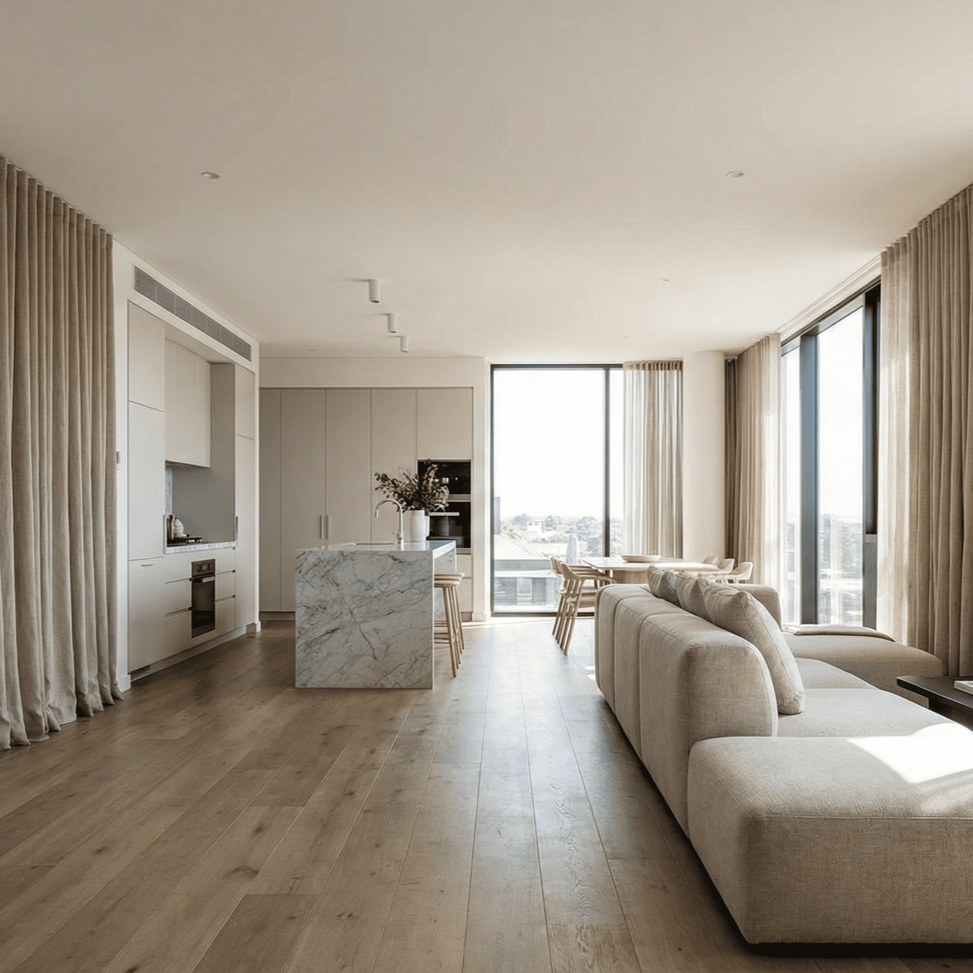 Cortinas de exterior tipo gasa con caída de piso a techo en residencia de San Miguel de Allende.