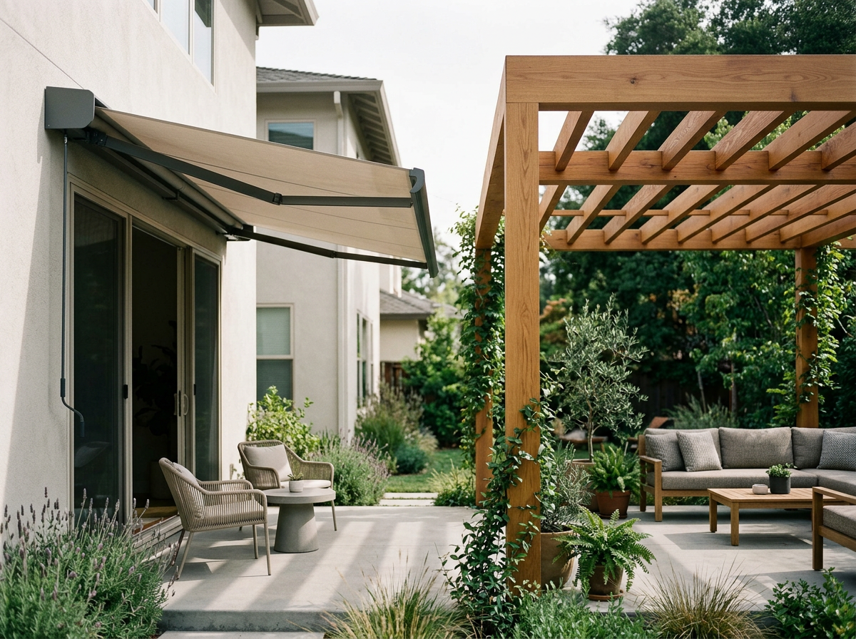Comparativa visual de toldo retráctil extendido protegiendo sala de exterior frente a los problemas de una pérgola fija.