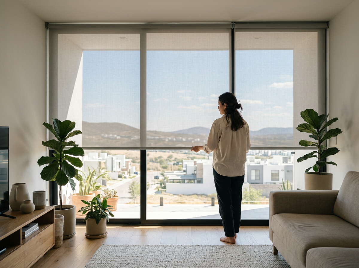 Sala residencial moderna en Querétaro con ventanales protegidos por persianas screen de malla solar que permiten ver el exterior.