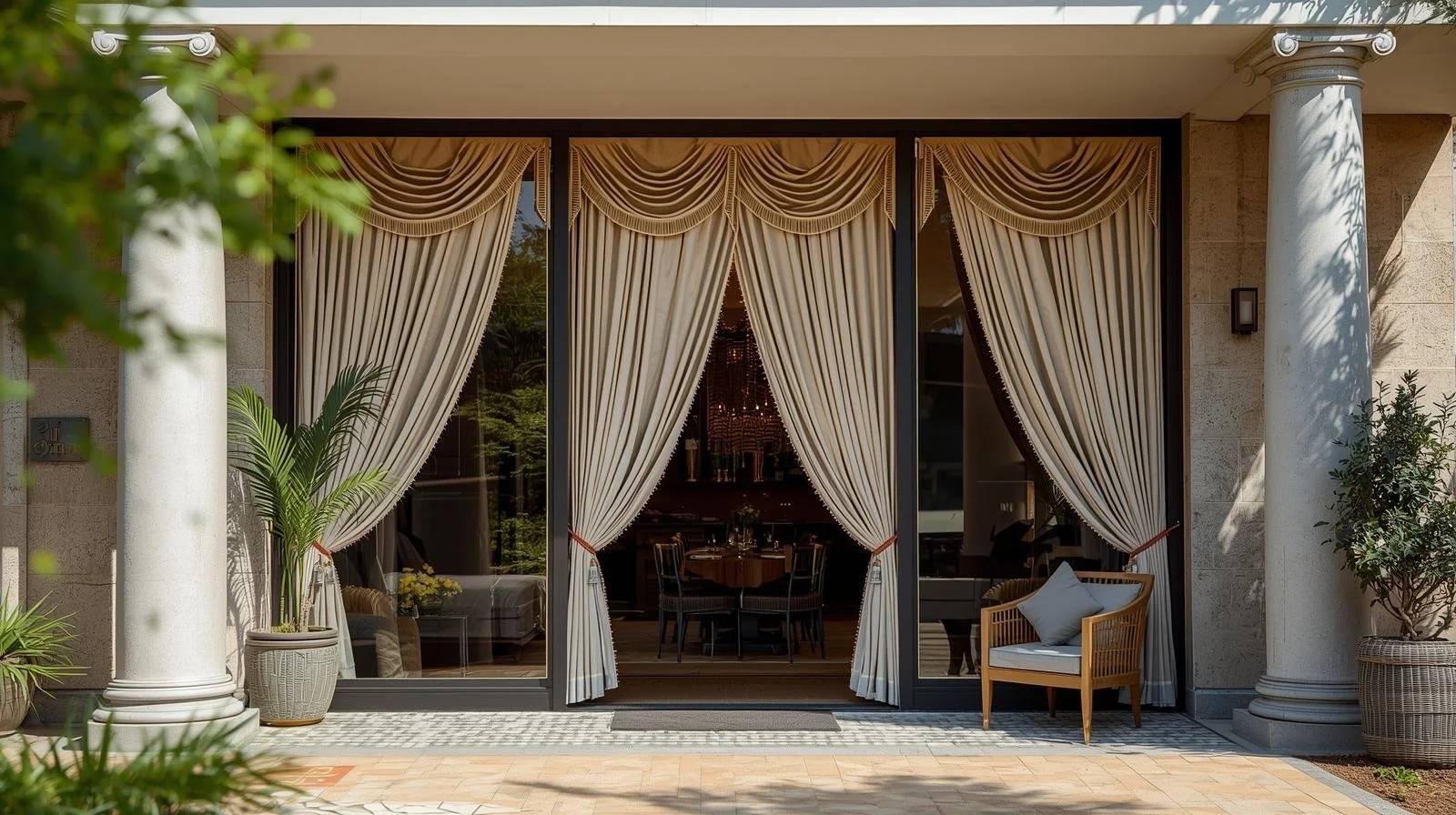 Cortinas de gasa para exterior con apariencia de lino instaladas en terraza residencial de San Miguel de Allende para ventilación constante