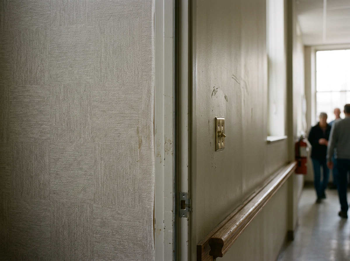 Pasillo residencial moderno revestido con papel tapiz vinílico lavable de alta durabilidad frente al desgaste.