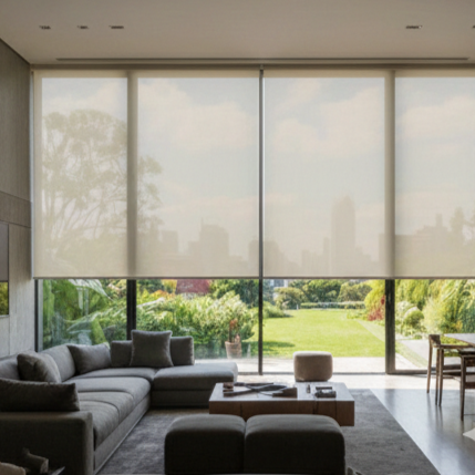 Persiana Screen al 10% de apertura: máxima transparencia y entrada de luz natural con protección contra rayos UV.