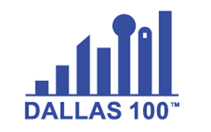 Bar graph with increasing blue bars and the text 'DALLAS 100' below, representing growth or ranking.