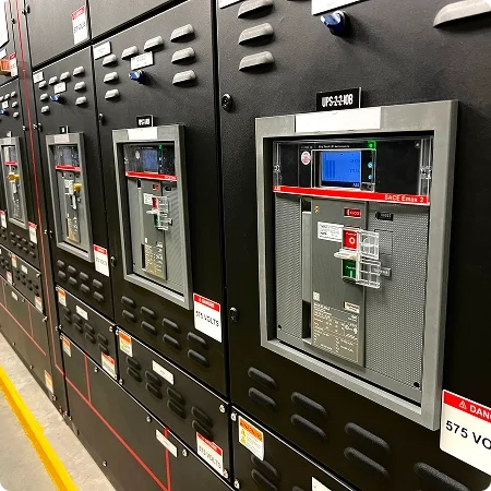 Close-up of electrical circuit breaker panels in a warehouse or industrial setting.