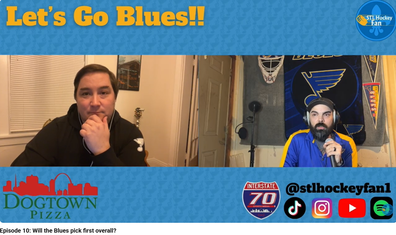 A split-screen image showing two men in a video call, with a blue background and sports-themed decorations. The left man has short dark hair, wearing a black hoodie, resting his chin on his hand. The right man has a beard, wearing a blue sports jacke