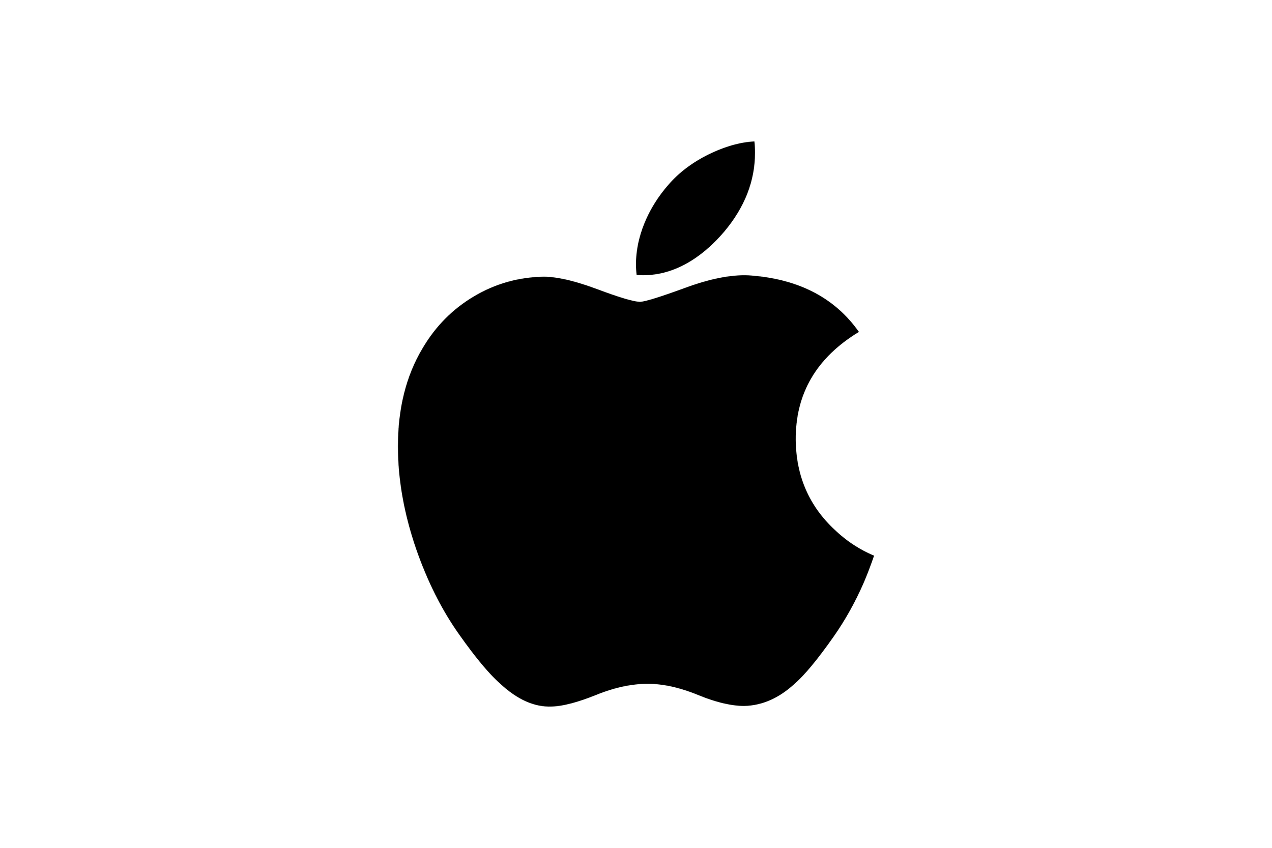 Outline of the Apple logo with a bite taken out on the right side and a leaf on top.