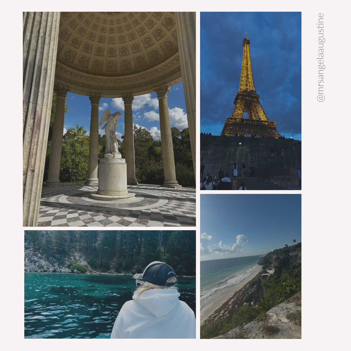 Collage of four travel photos including the Parthenon in Nashville, the Eiffel Tower in Paris at night, a person on a boat in a forested lake, and a beach with cliffs and ocean.